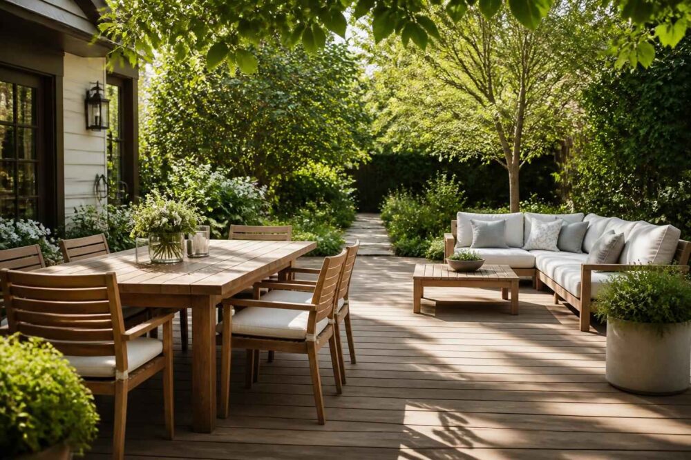 Drewniany taras z stołem jadalnym, sofą ogrodową i bujną zielenią wokół domu