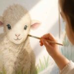 Dziewczynka malująca pędzlem ilustrację owieczki na kartce papieru