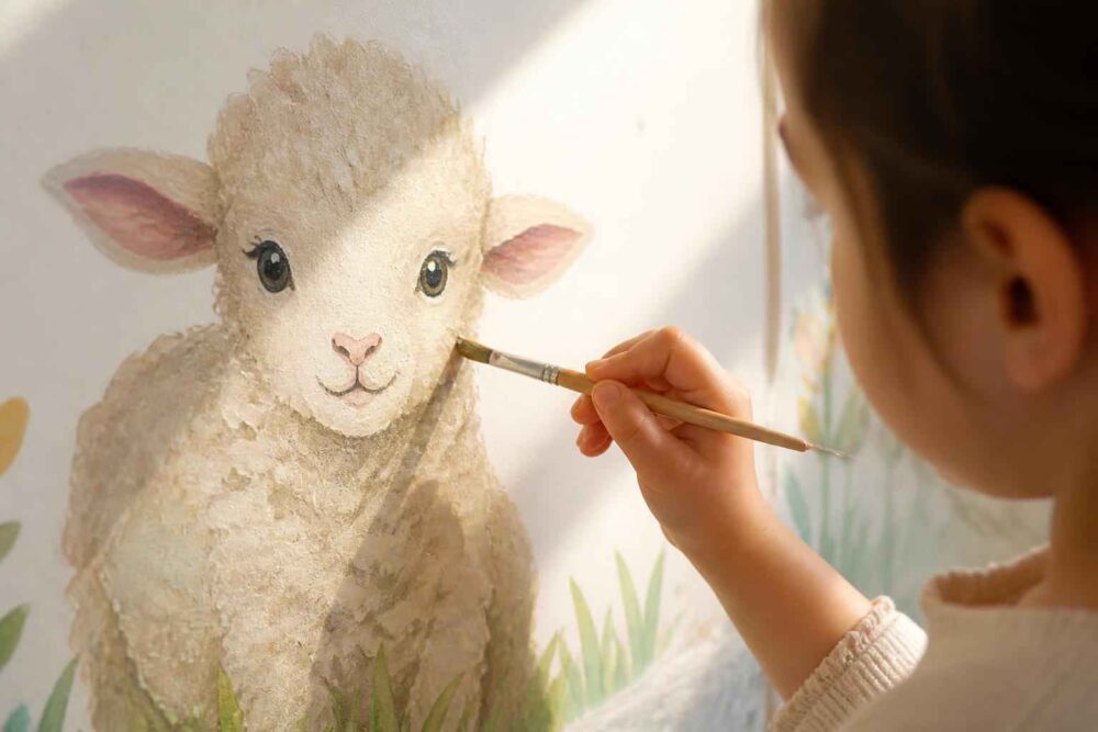 Dziewczynka malująca pędzlem ilustrację owieczki na kartce papieru