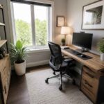Jasne domowe biuro z biurkiem, monitorem, ergonomicznym fotelem i roślinami doniczkowymi