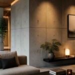 Przytulny salon z betonową ścianą, sofą, roślinami i podświetloną konsolą pod obrazem