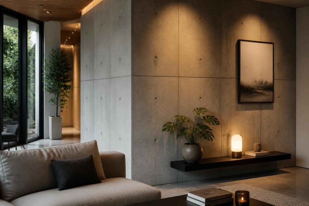 Przytulny salon z betonową ścianą, sofą, roślinami i podświetloną konsolą pod obrazem