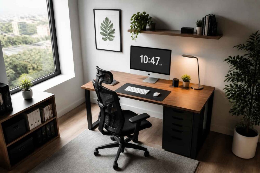 Drewniane biurko z monitorem, fotelem ergonomicznym, lampką i roślinami przy dużym oknie